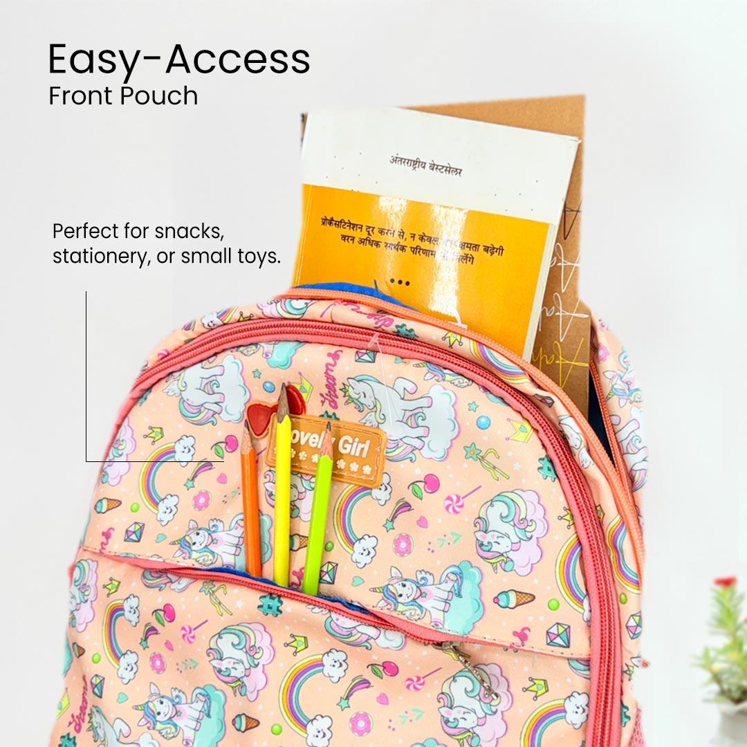 Peach Unicorn School Backpack for Girls – Cartoon Print with Multiple Compartments
