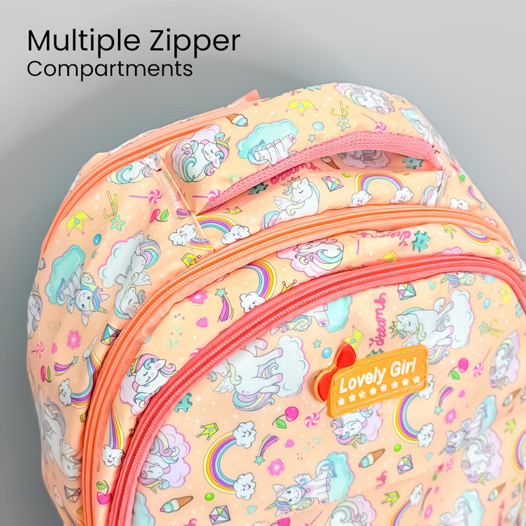 Peach Unicorn School Backpack for Girls – Cartoon Print with Multiple Compartments