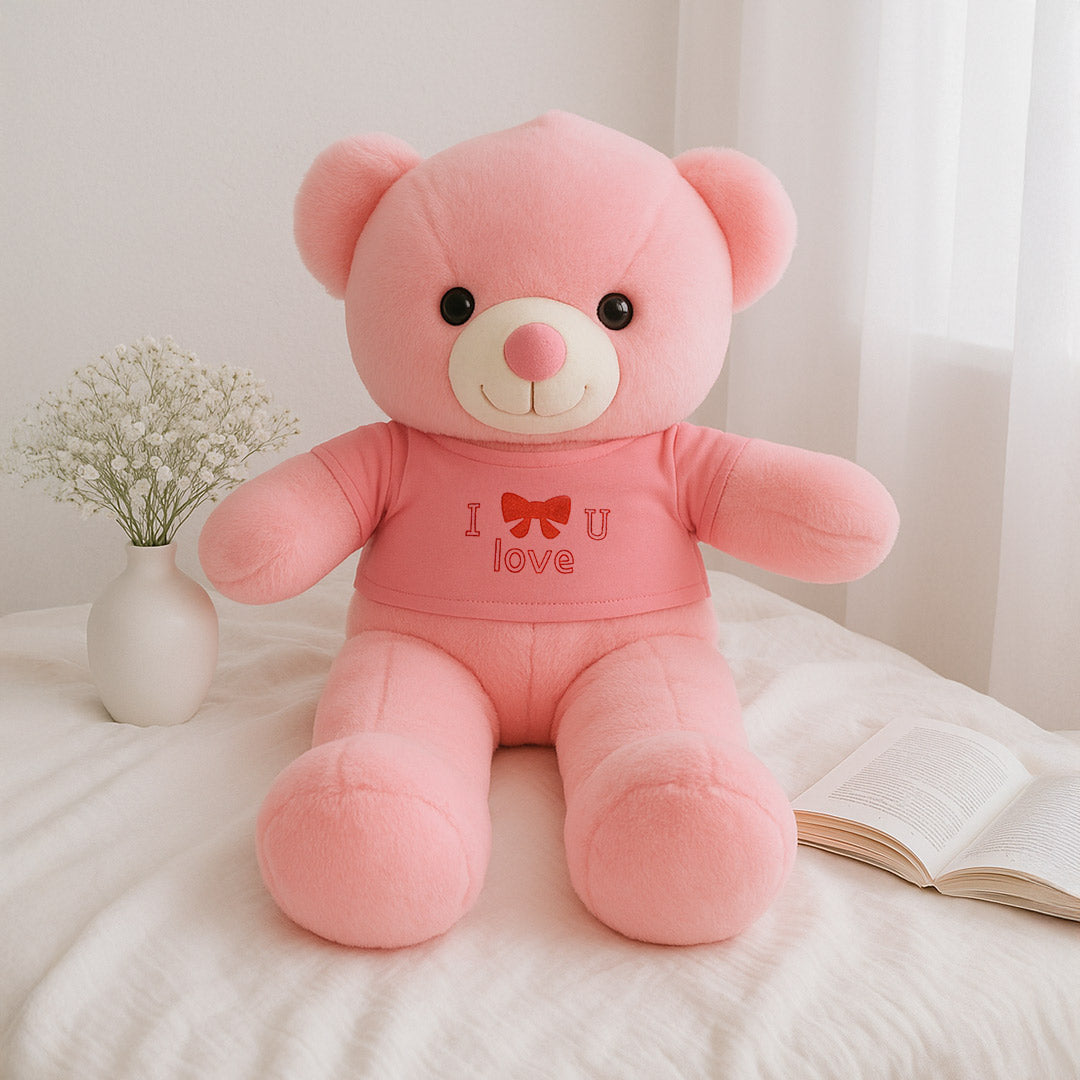 Pink Love Teddy Bear with "I ❤️ U" T-Shirt – Soft Plush Gift for Valentine's, Kids & Couples | Love Craft Gifts