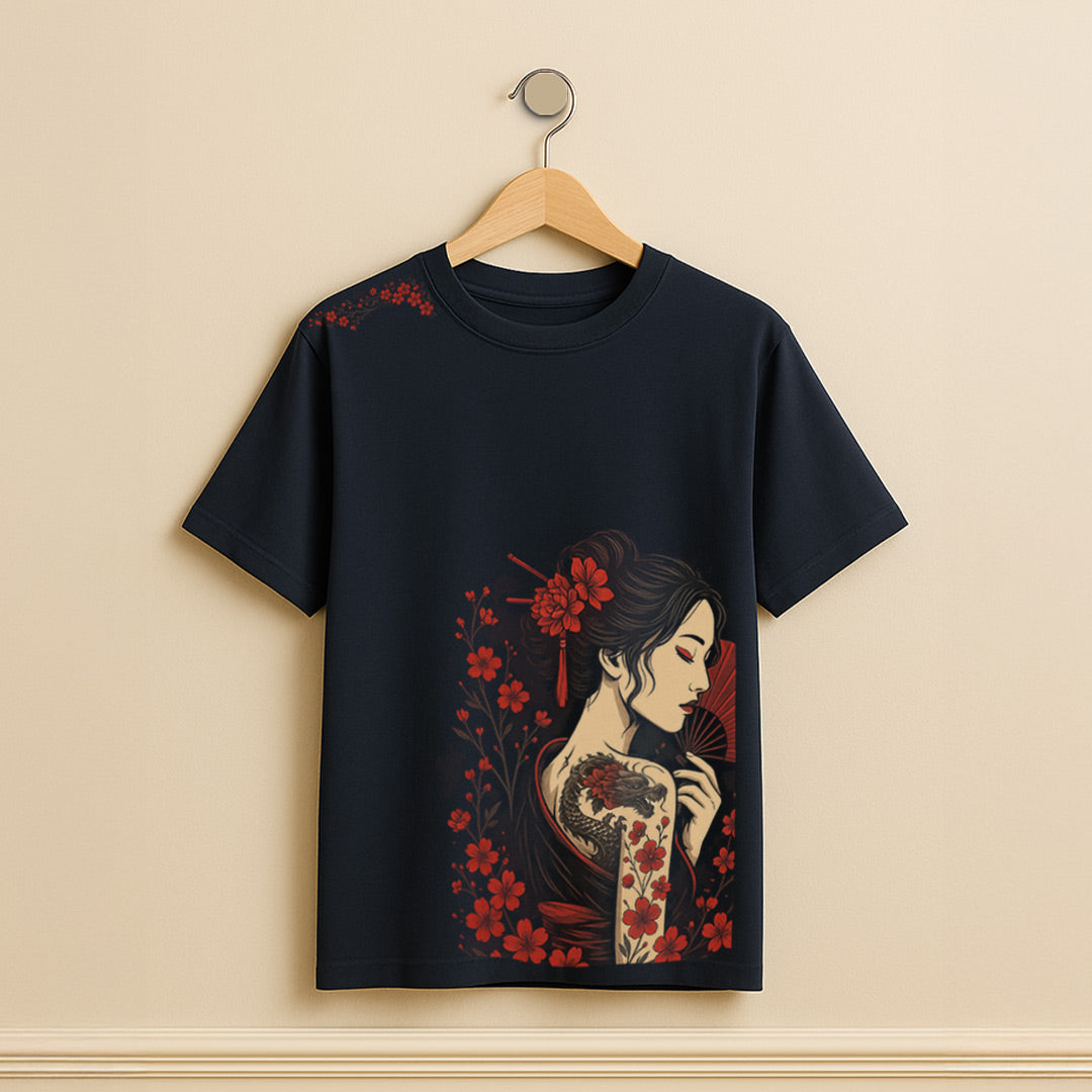 Japanese Geisha Floral Art T-Shirt – Elegant & Bold Graphic Tee | love Craft Gifts