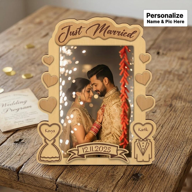 Personalized Just Married Wooden Photo Frame – Custom Name, Date & Picture Wedding Table Top Stand (8x7 Inch) | Love Craft Gifts