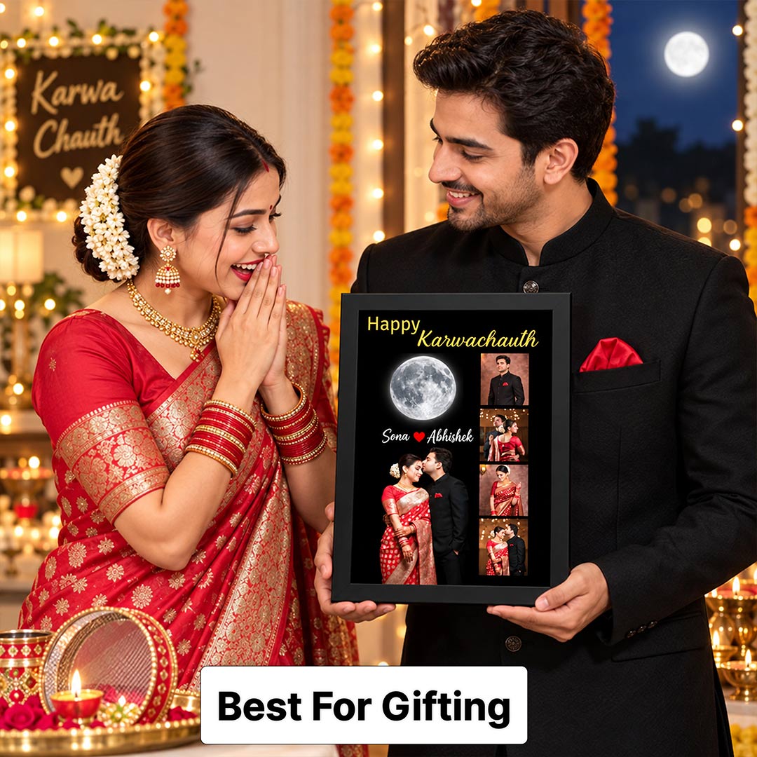 Karwa Chauth Couple Photo Collage 12x18″ | Custom Name Frame | Love Craft Gifts™
