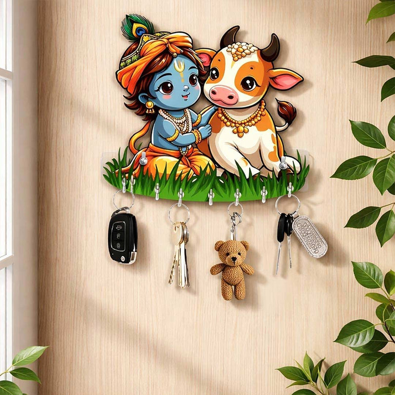 Krishna with Cow Key Rack | Religious Wall Key Hanger for Home Décor | Love Craft Gifts™
