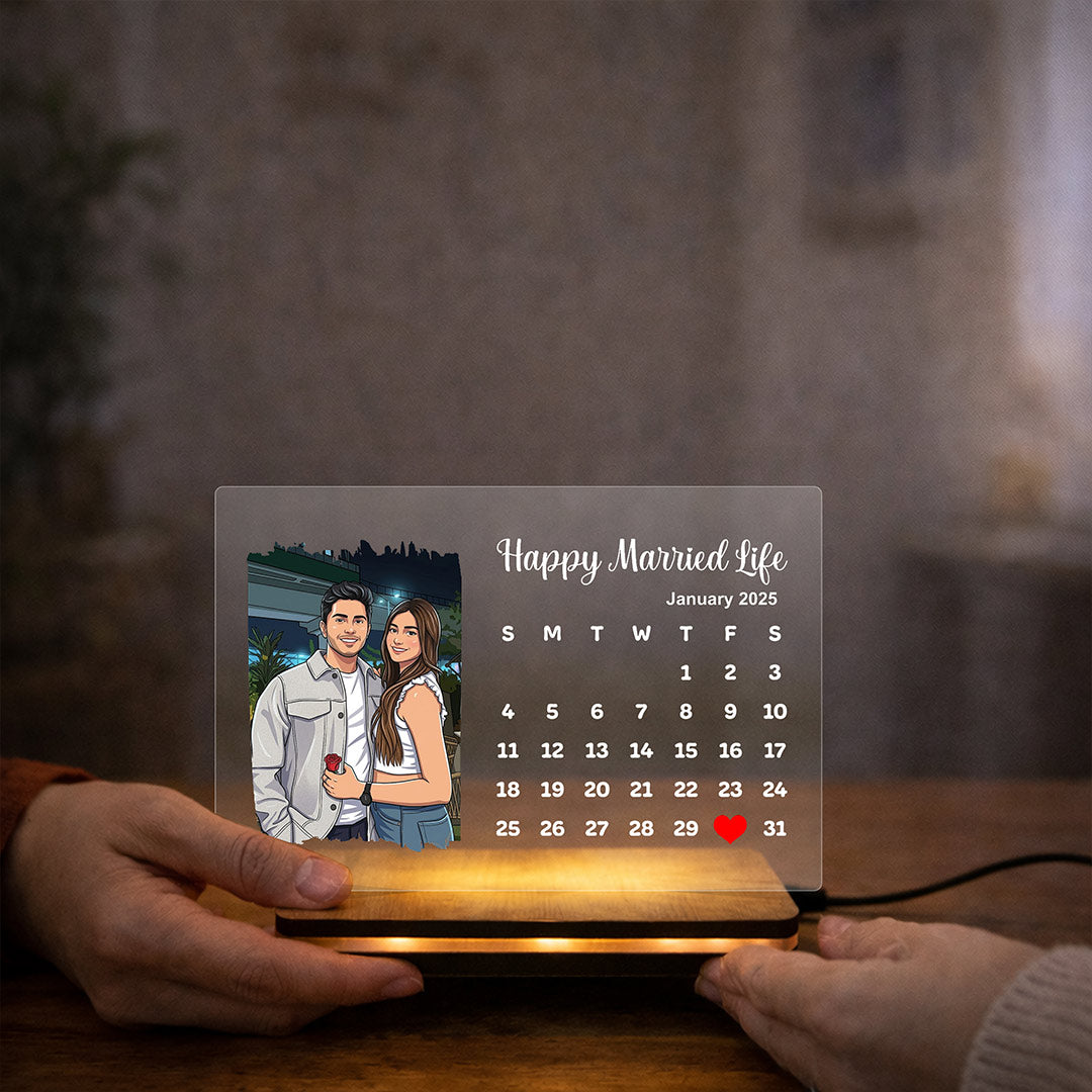 Personalized LED Acrylic Calendar Photo Frame with Warm White Light (7x5 Inch) Custom Couple Photo & Date Night Lamp Gift for Husband, Wife & Couples | Love Craft Gifts