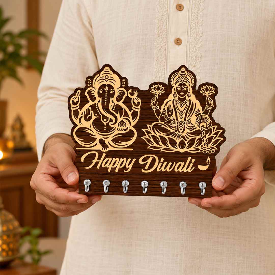 Lord Ganesha & Goddess Lakshmi Happy Diwali Key Holder 7x9" with 7 Hooks | Love Craft Gifts™
