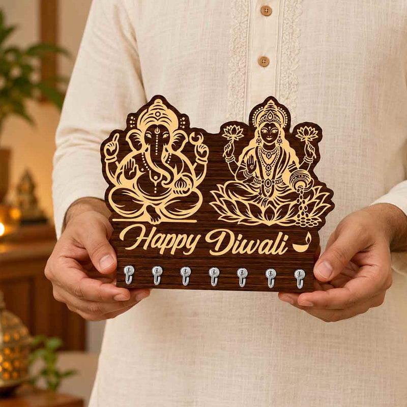 Lord Ganesha & Goddess Lakshmi Happy Diwali Key Holder 7x9" with 7 Hooks | Love Craft Gifts™