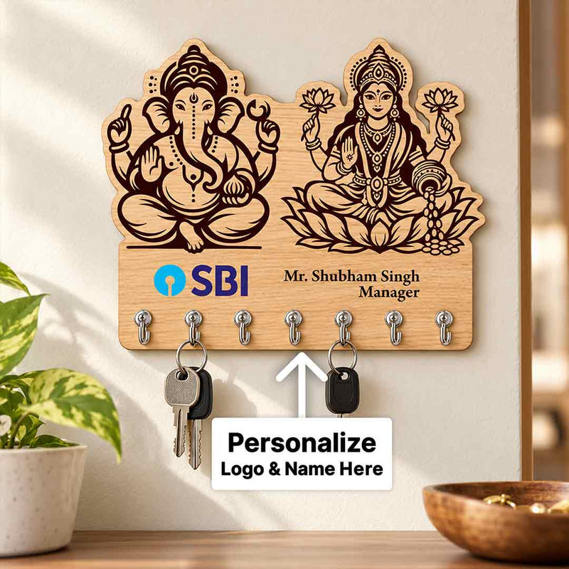 Lord Ganesha & Goddess Lakshmi Wall Key Holder with Name and Designation | Love Craft Gifts™