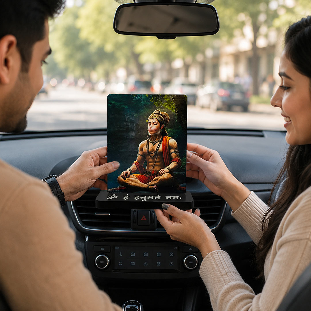Meditating Hanuman Ji Car Dashboard Stand – Om Hanumate Namah Acrylic Dashboard Decor for Car, Home & Office | Divine Hanuman Artwork | LoveCraftGifts™