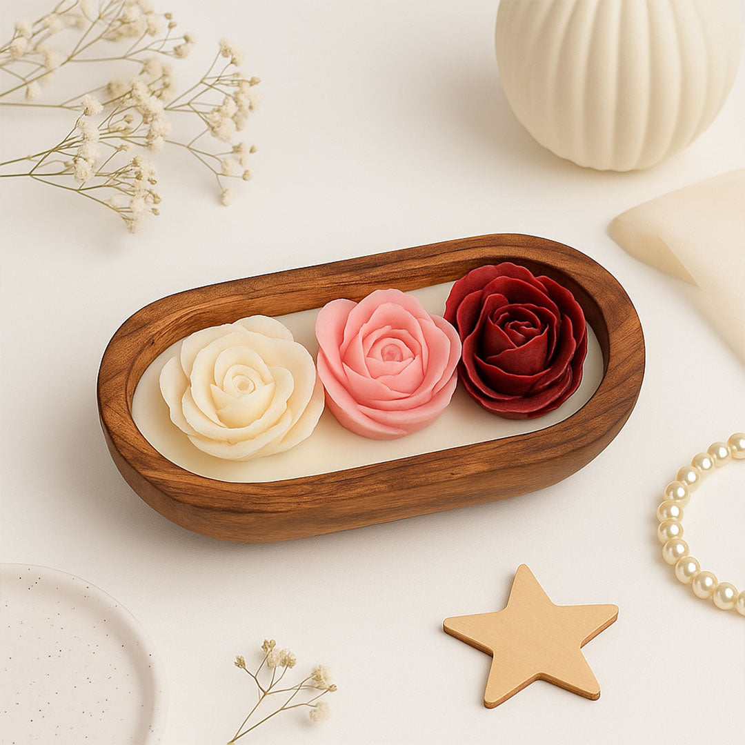 Lotus Flower Scented Candle Set – Decorative Aromatherapy Gift in Wooden Tray | Love Craft Gifts