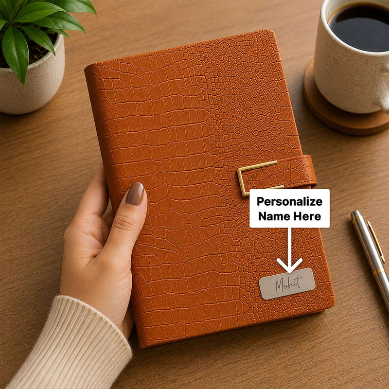 Personalized Crocodile Texture Diary Notebook with Custom Name Plate | Luxury Executive Journal for Office, Study & Daily Planning - A5 Size | Love Craft Gifts™