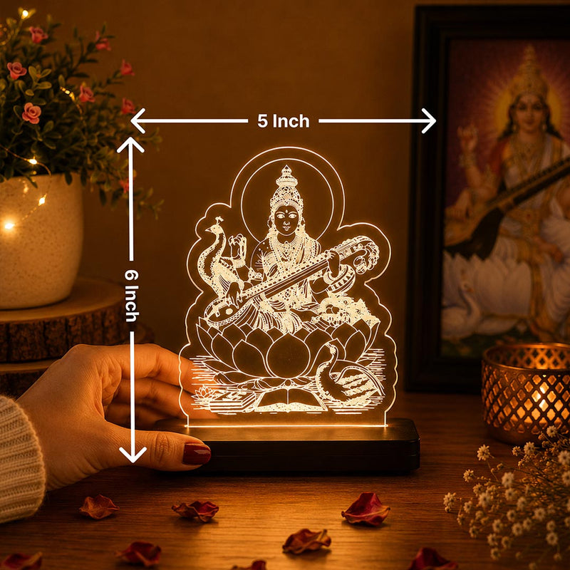 Maa Saraswati LED Acrylic Lamp with Swan – Goddess of Wisdom Decorative Night Light for Study Table, Home Temple & Spiritual Gifting | LoveCraftGifts™
