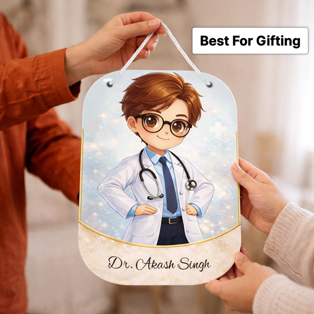Personalized Doctor Cartoon Wooden Hanging Board – Custom Name Clinic Door Sign (11x7 Inch) | Love Craft Gifts