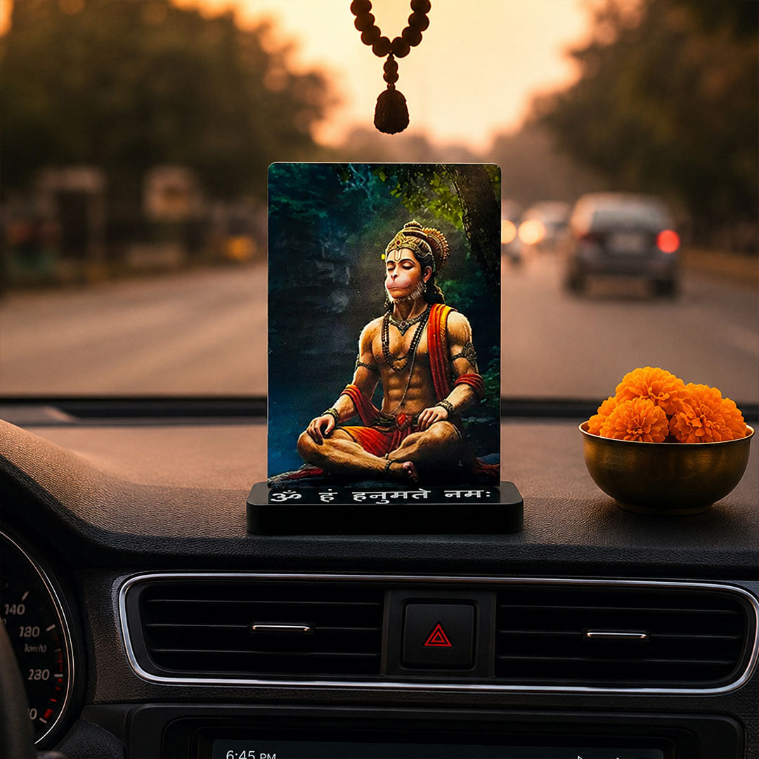 Meditating Hanuman Ji Car Dashboard Stand – Om Hanumate Namah Acrylic Dashboard Decor for Car, Home & Office | Divine Hanuman Artwork | LoveCraftGifts™