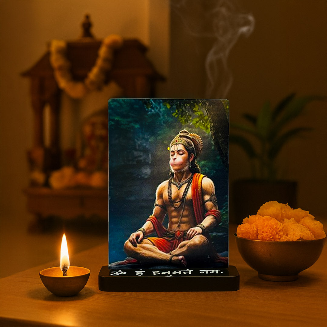 Meditating Hanuman Acrylic Car Dashboard Frame – UV Printed 4×6 Inch Spiritual Dashboard Decor