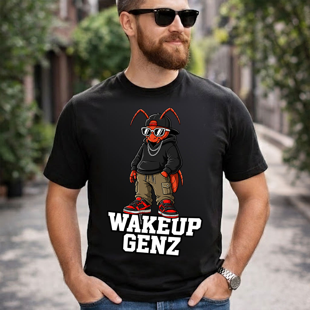 Wake Up Gen Z Cockroach Graphic T-Shirt for Men & Women | Viral Satirical Streetwear Tee Inspired by Internet Youth Culture - Black | Available in S, M, L, XL & XXL | Love Craft Gifts™
