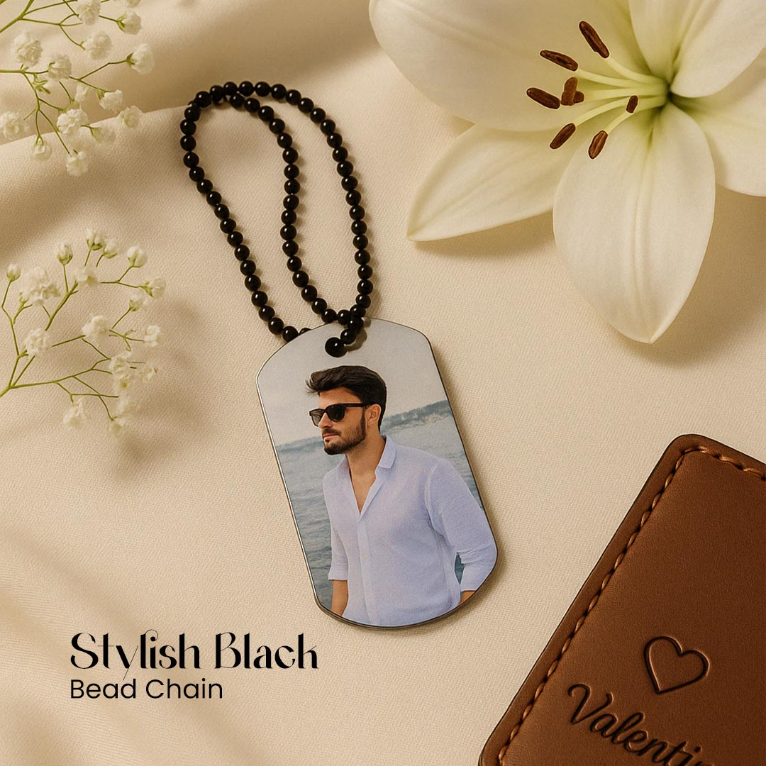 Personalized Black Bead Chain Photo Pendant – Custom Necklace for Men | Love Craft Gifts