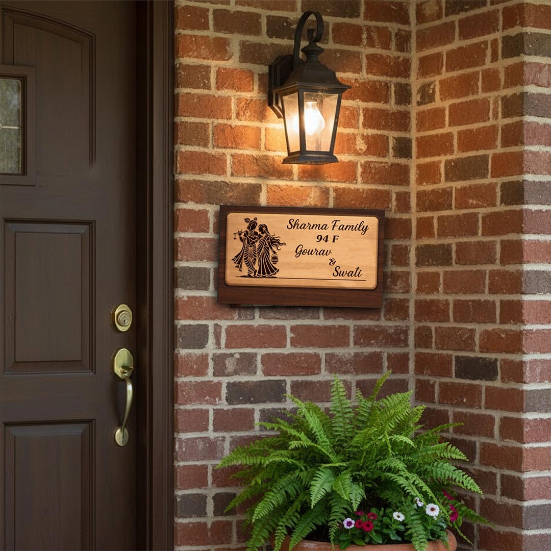 Personalized Radha Krishna Wooden Name Plate for Home Entrance – Custom Family Name Door Sign (10 x 6 Inch) | Love Craft Gifts