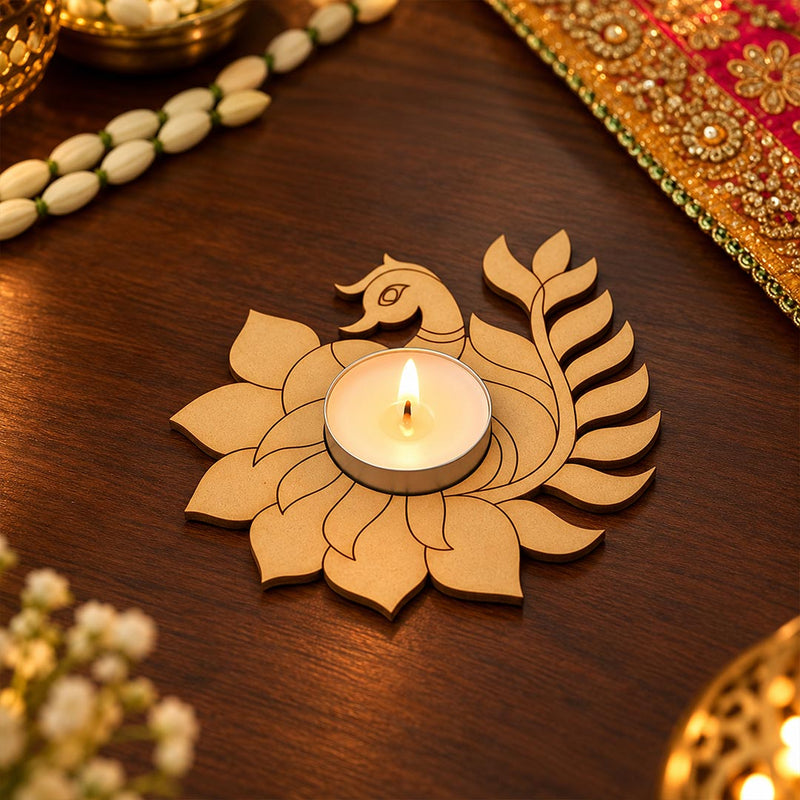 Peacock Lotus Wooden Diya Holder for Pooja & Festive Table Decor | Love Craft Gifts™