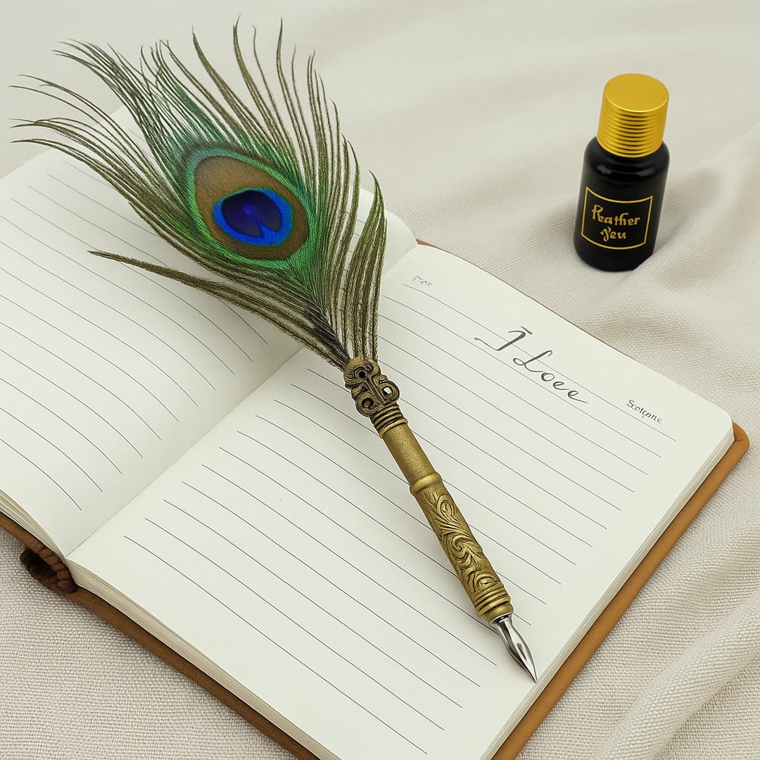Vintage Peacock Feather Dip Pen with Ink – Elegant Calligraphy Writing Set