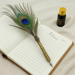 Vintage Peacock Feather Dip Pen with Ink – Elegant Calligraphy Writing Set