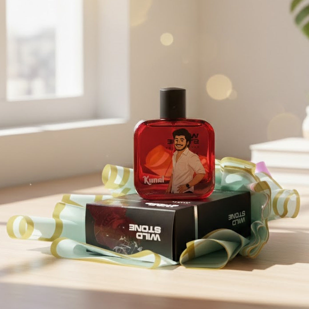 Customized Wild Stone Perfume Bouquet – With Name & Illustrated Photo | Premium Gift Bouquet