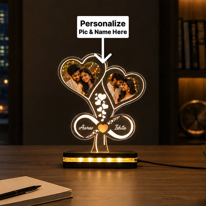 Personalized 2 Photo Couple LED Acrylic Lamp 6x8" | Double Heart Name Design | Love Craft Gifts™