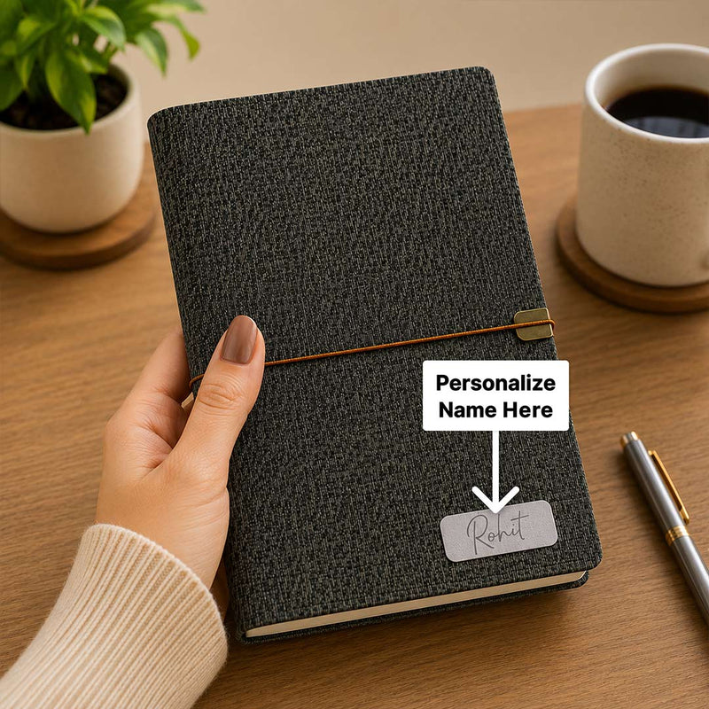Personalized Fabric Texture Diary Notebook with Custom Name Plate | Premium Executive Journal for Office, Study & Daily Planning - Black A5 Size | Love Craft Gifts™