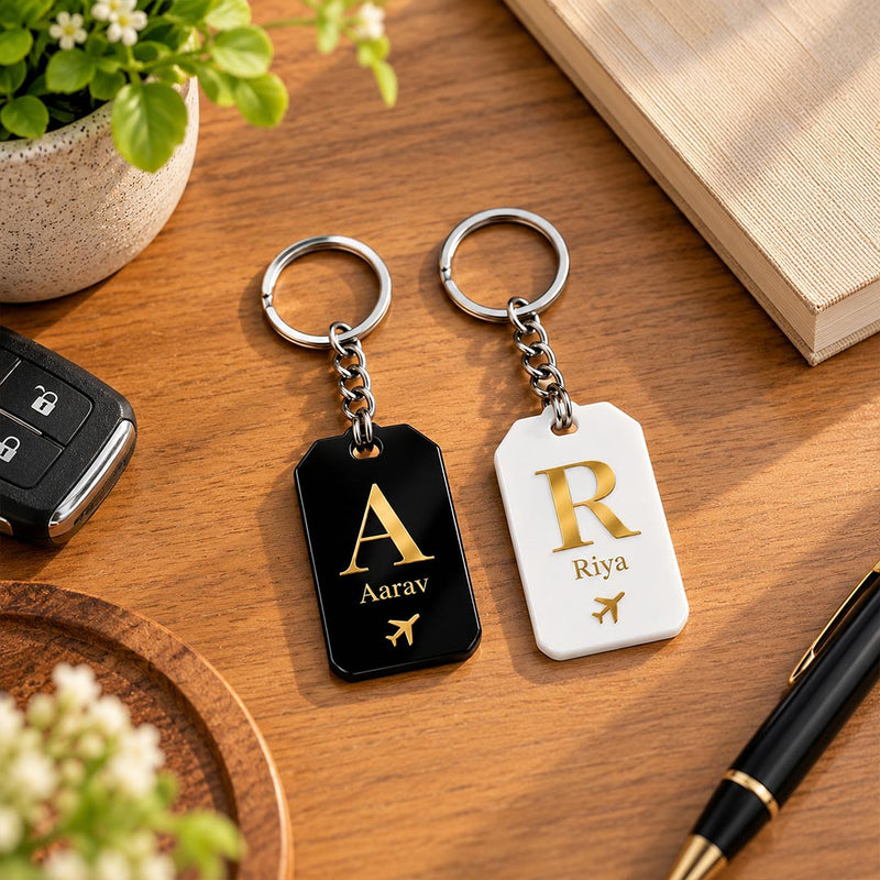 Personalized Acrylic Name Keychain 2x3" | Custom Initial Travel Keyring with Airplane Design | Love Craft Gifts™