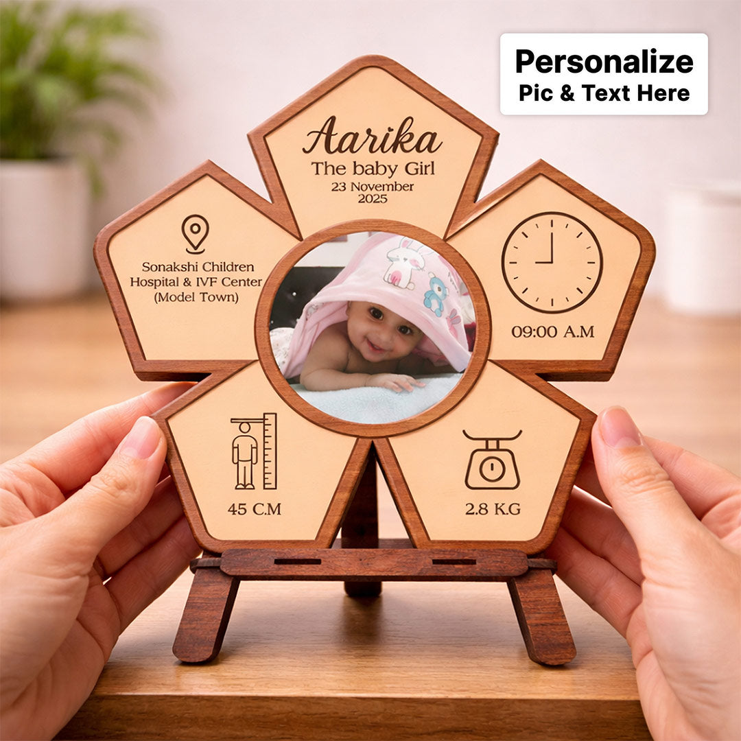 Personalized Baby Birth Details Wooden Flower Table Stand (8x8 Inch) | Love Craft Gifts