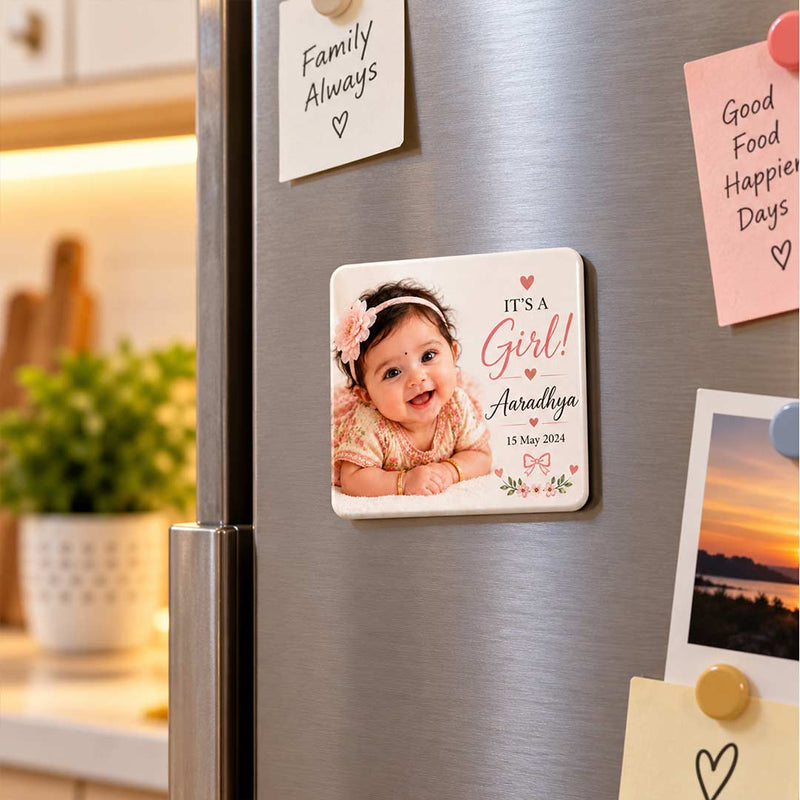 Personalized Baby Girl Photo Fridge Magnet 2×2" | Newborn Keepsake | Love Craft Gifts™