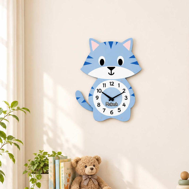 Personalized Baby Name Wooden Clock | Cat-Shaped Kids Room Gift | Love Craft Gifts™