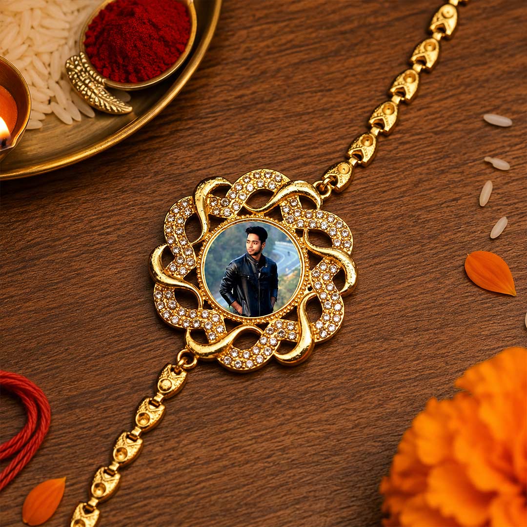 Personalized Brother Photo Rakhi Luxury Gold Crystal Rakhi Custom Memory Gift | Love Craft Gifts™
