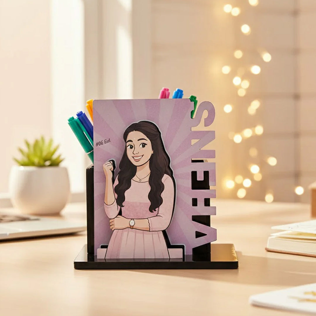 Personalized Cartoon Character Pen Stand with Name | Pen Stand | Love Craft Gifts