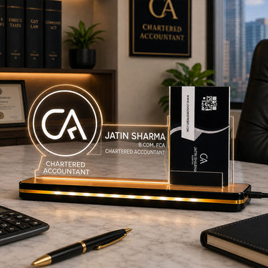 Personalized Chartered Accountant LED Acrylic Business Card Holder with Name | Custom CA Office Desk Name Plate with Card Stand 8 x 6 Inch | Professional Gift for CA, Tax Consultant & Finance Experts | Love Craft Gifts™