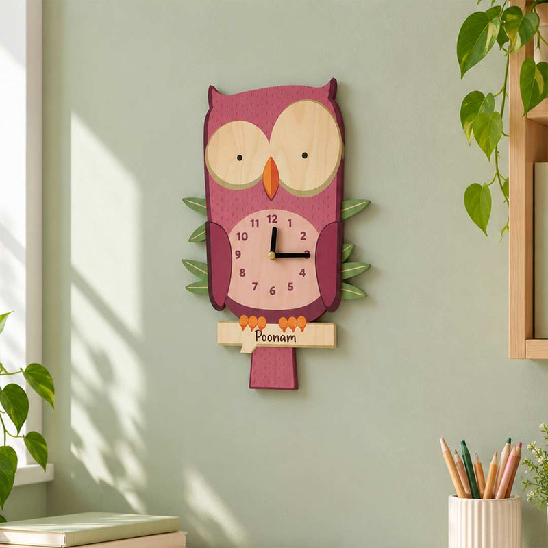 Personalized Children’s Wooden Wall Clock | Colorful Owl Design | Love Craft Gifts™
