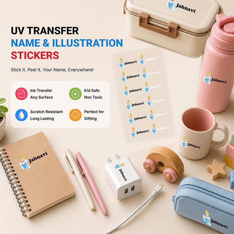Personalized Cinderella UV Ink Transfer Name Stickers | Custom Labels for Laptops, Mobile Cases & Gadgets | Love Craft Gifts™