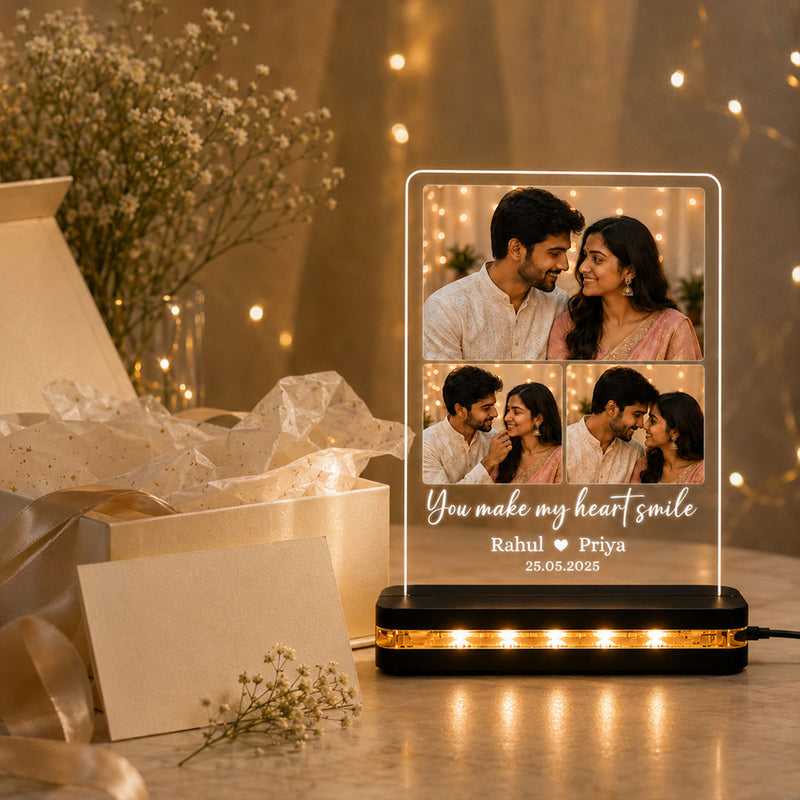 Personalized Couple Photo LED Acrylic Lamp 7x8" | Custom 3 Photo Collage with Names & Date | Love Craft Gifts™