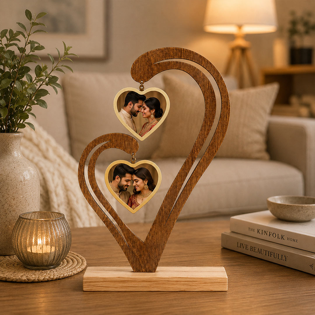 Personalized Couple Photo Table Stand 6x8 Inch | Custom 2 Photo Heart Keepsake