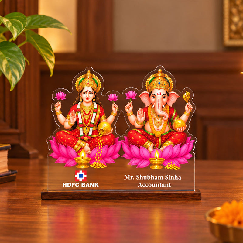 Personalized Diwali Gift for Employees | Lakshmi Ganesha Acrylic Gift with Wooden Base