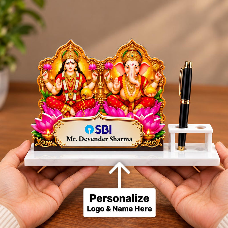 Personalized Diwali Gift for Employees | Lakshmi Ganesha White Acrylic Pen Stand
