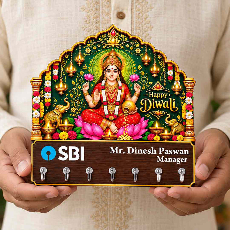 Personalized Diwali Key Holder with Lakshmi Artwork & Seven Metal Hooks | Love Craft Gifts™