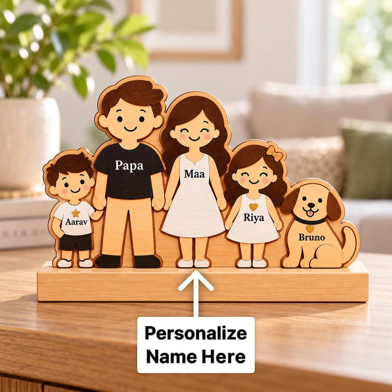 Personalized Family Figurine Stand with Parents Kids & Dog Names 6x6" | Love Craft Gifts™