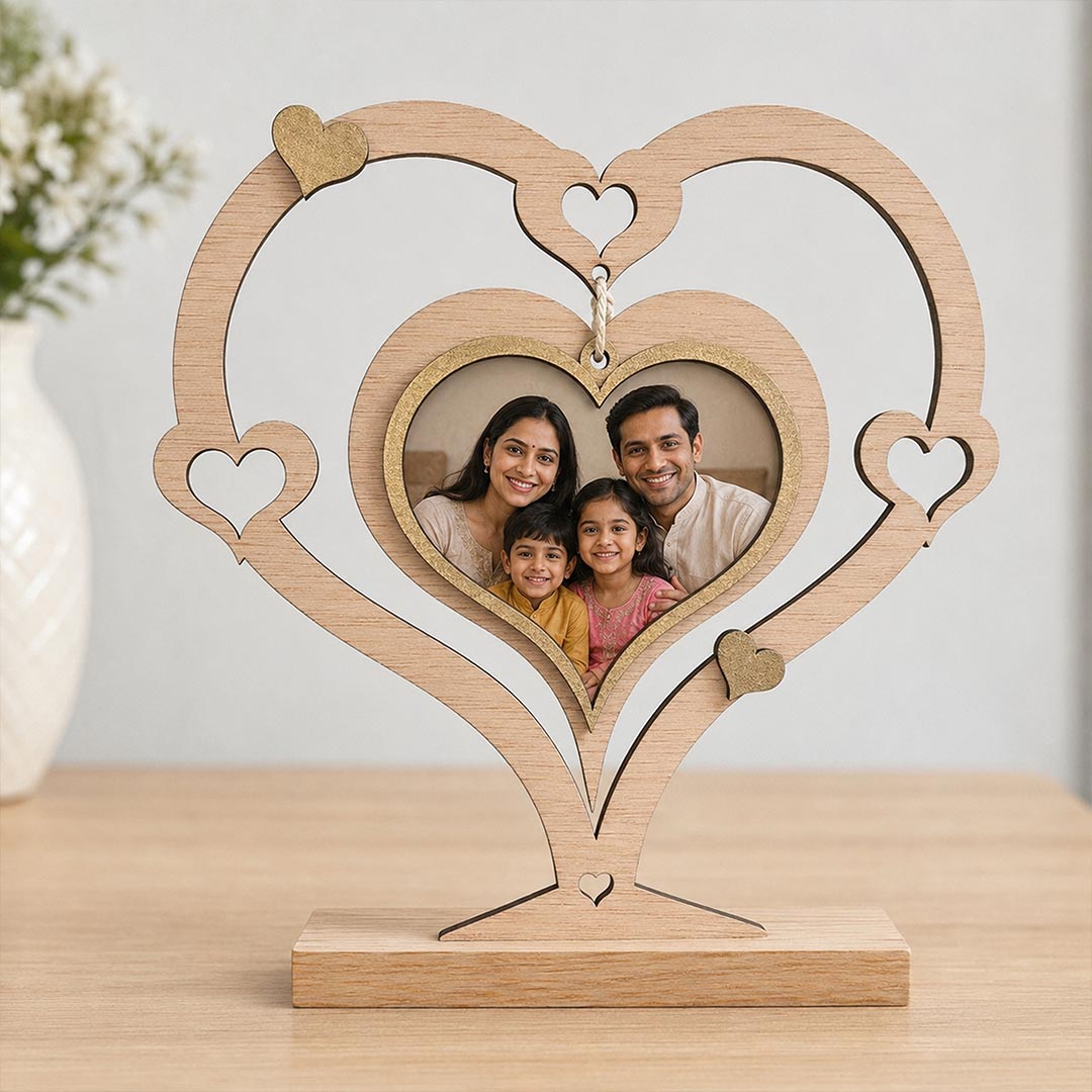 Personalized Family Photo Keepsake 5x6 Inch | Heart-Shaped Table Stand