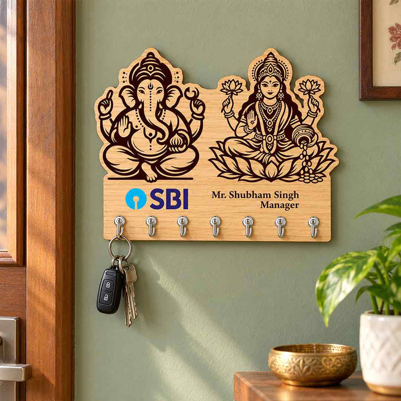 Personalized Ganesha Lakshmi Key Holder 7x9" with Custom Logo, Name & 7 Hooks | Love Craft Gifts™