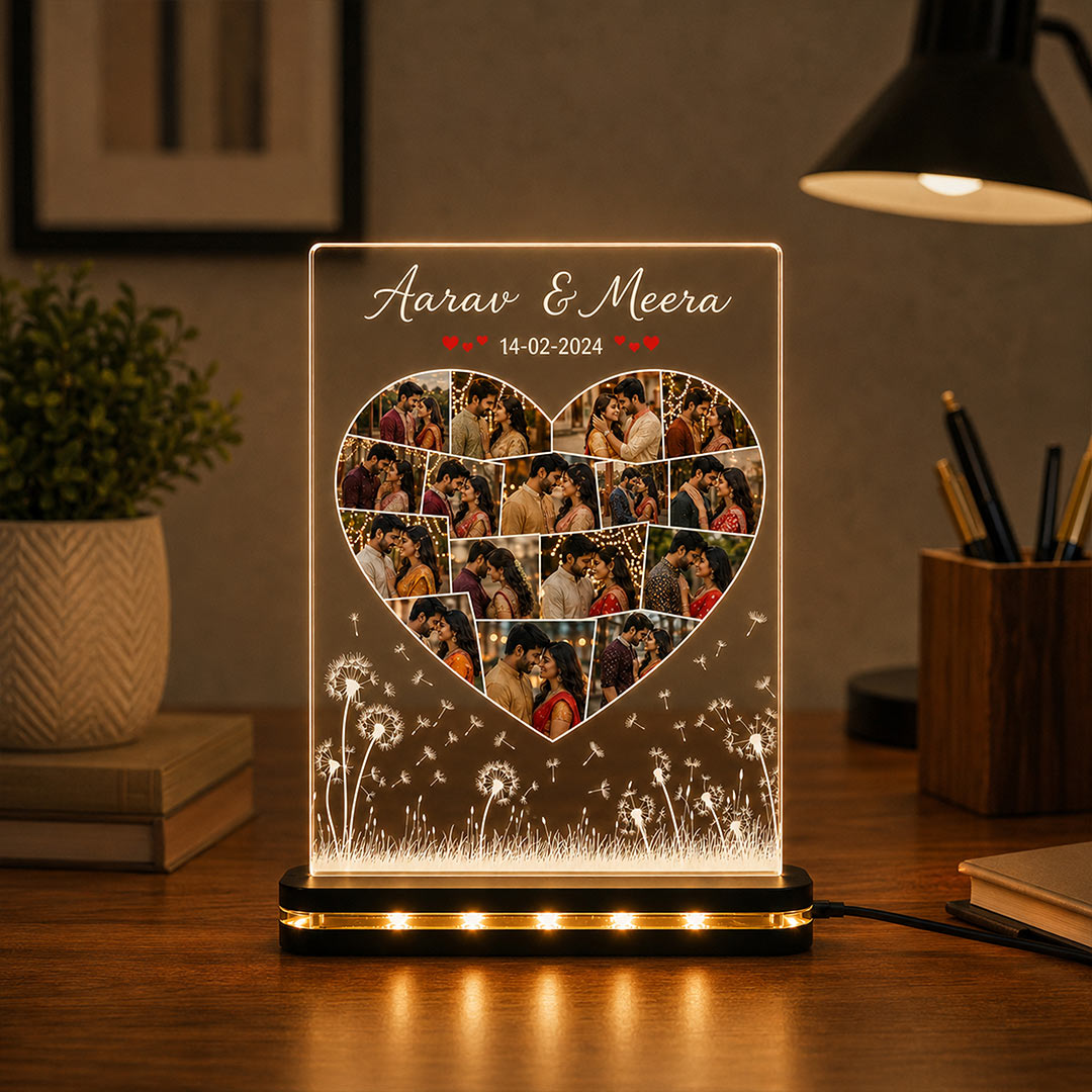 Personalized Heart Photo Collage LED Lamp 7x8" | Custom Couple Photos, Names & Date | Love Craft Gifts™