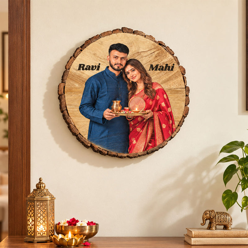 Personalized Karwa Chauth Couple Photo Wooden Slice 8x8″ | Love Craft Gifts™