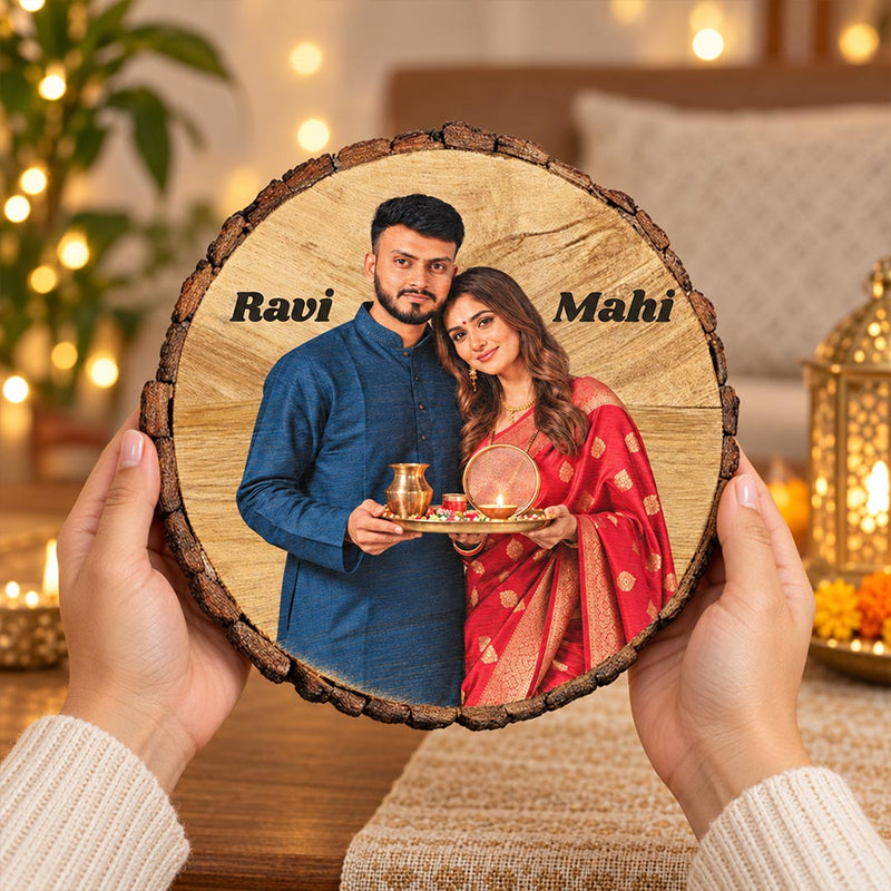 Personalized Karwa Chauth Gift for Wife | Couple Photo Wooden Slice | Love Craft Gifts™
