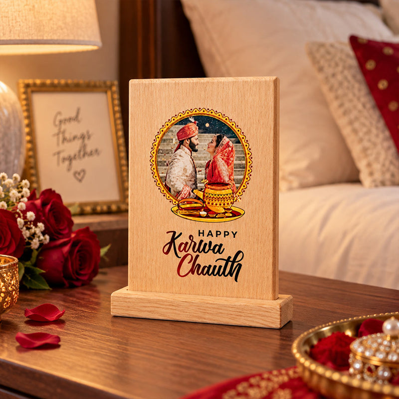 Personalized Karwa Chauth Photo Wooden Stand 6x8″ | Couple Gift | Love Craft Gifts™