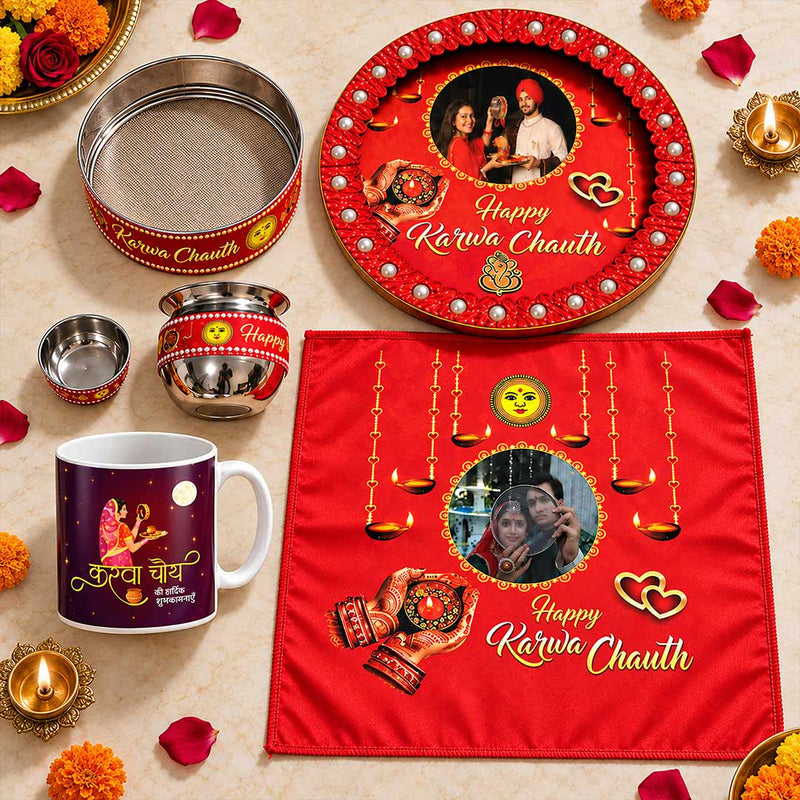 Personalized Karwa Chauth Pooja Combo with Light & Music Thali | Love Craft Gifts™