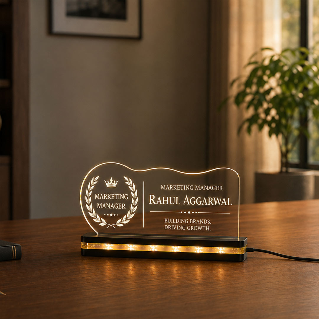 Personalized LED Name Plate for Marketing Manager | Custom Name Office Desk Sign